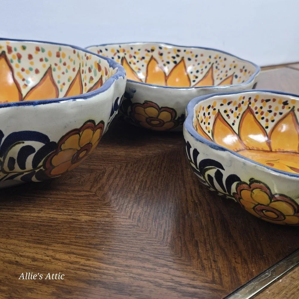 Vintage Celestial Bowl Sun Flower Yellow Blue Stacking Nesting Set Clay Handmade